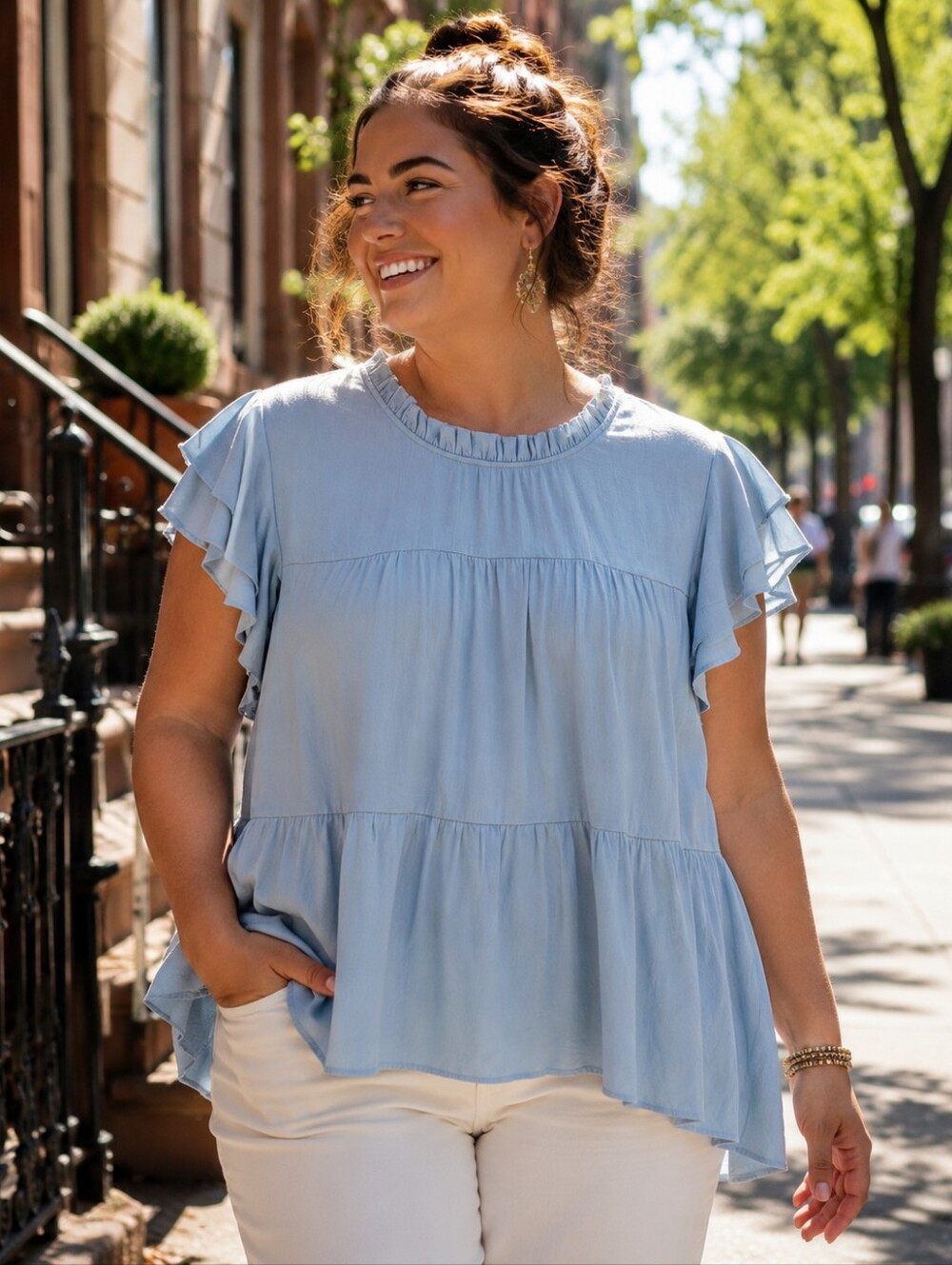 Andree by Unit Blue Ruffle short Sleeve Tiered Peasant Blouse womens plus 3x 3xl